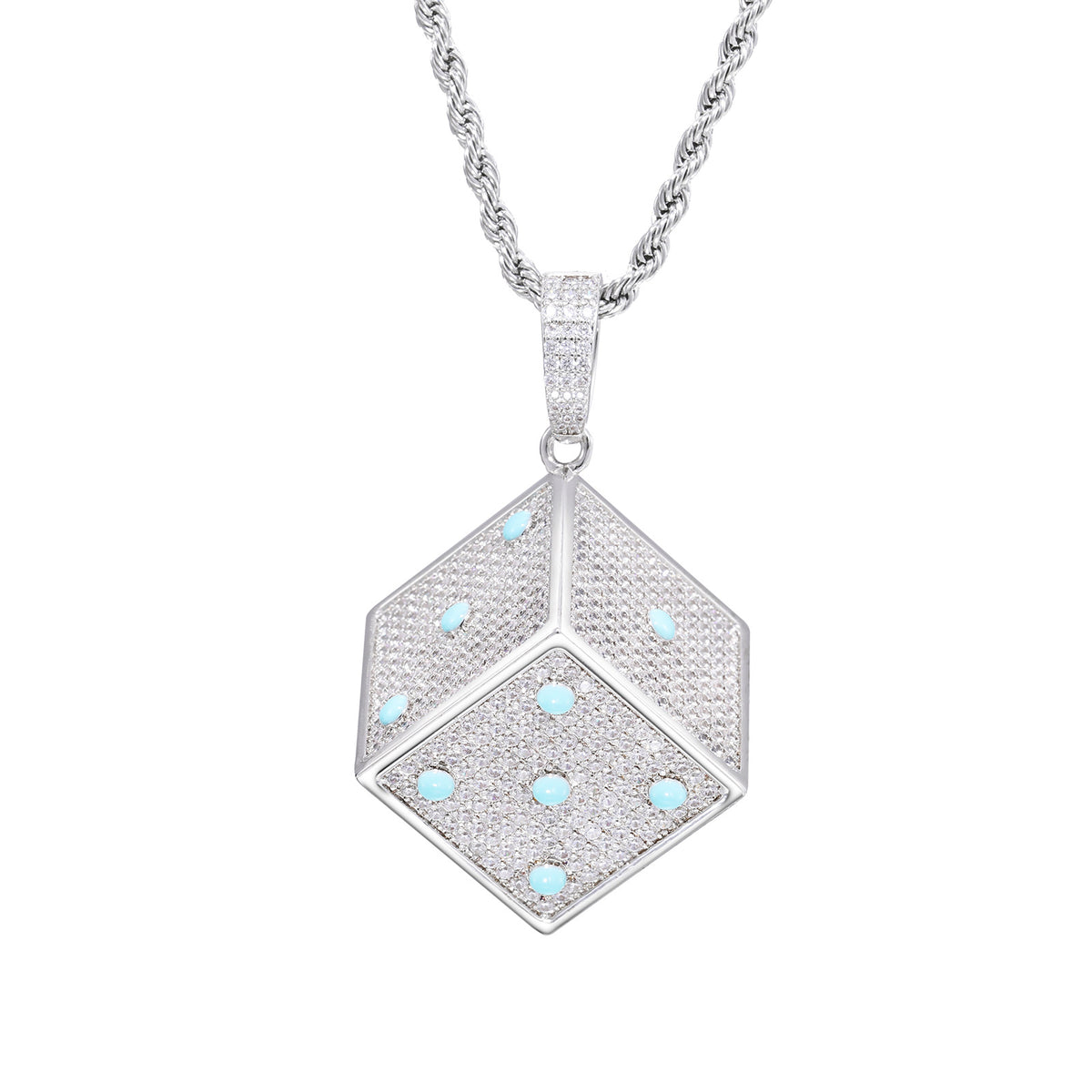 Hip Hop Dice Pendant Necklace, Geometric Zircon Rope Chain, White Tone product image