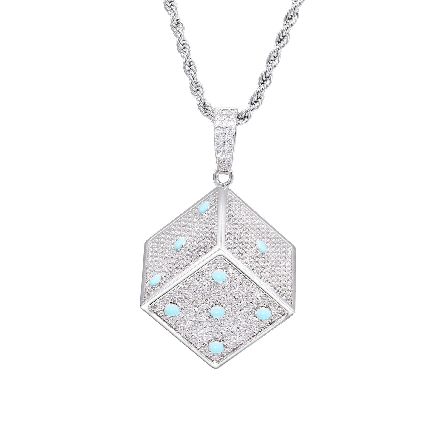 Hip Hop Dice Pendant Necklace, Geometric Zircon Rope Chain, White Tone product image