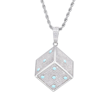 Hip Hop Dice Pendant Necklace, Geometric Zircon Rope Chain, White Tone