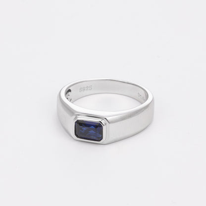 Men’s Rectangular Color Stone Ring, Silver-Tone Signet Style Ring, Green Blue Red Variant