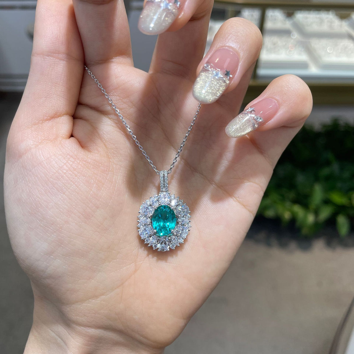 Oval Teal Halo Pendant Necklace, 925 Silver Chain, Elegant Gift Box Jewelry product image