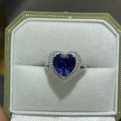 Blue Heart Halo Promise Ring, S925 Sterling Silver 18K Gold Plated Ring for Women