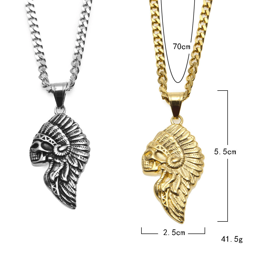 Unisex Stainless Steel Skull Chief Pendant Necklace with 5mm Cuban Chain, Gold Plated or Silver Tone Statement Jewelry