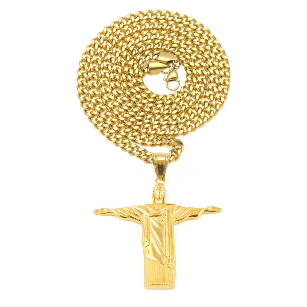 Gold Plated Stainless Steel Statue Pendant Necklace with 5mm Cuban Chain for Men product image