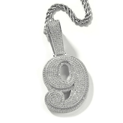 Silver tone number 9 cubic zirconia pendant necklace on twist chain