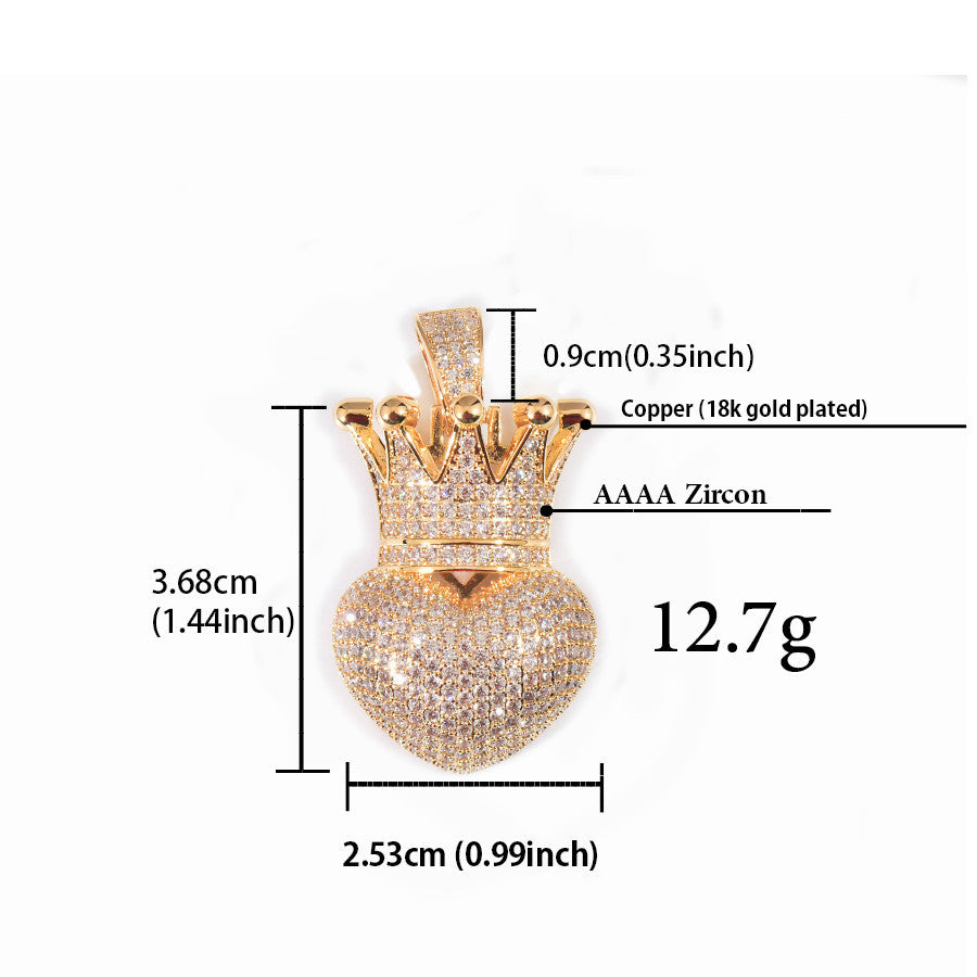 Unisex Iced Crown Heart Pendant Necklace