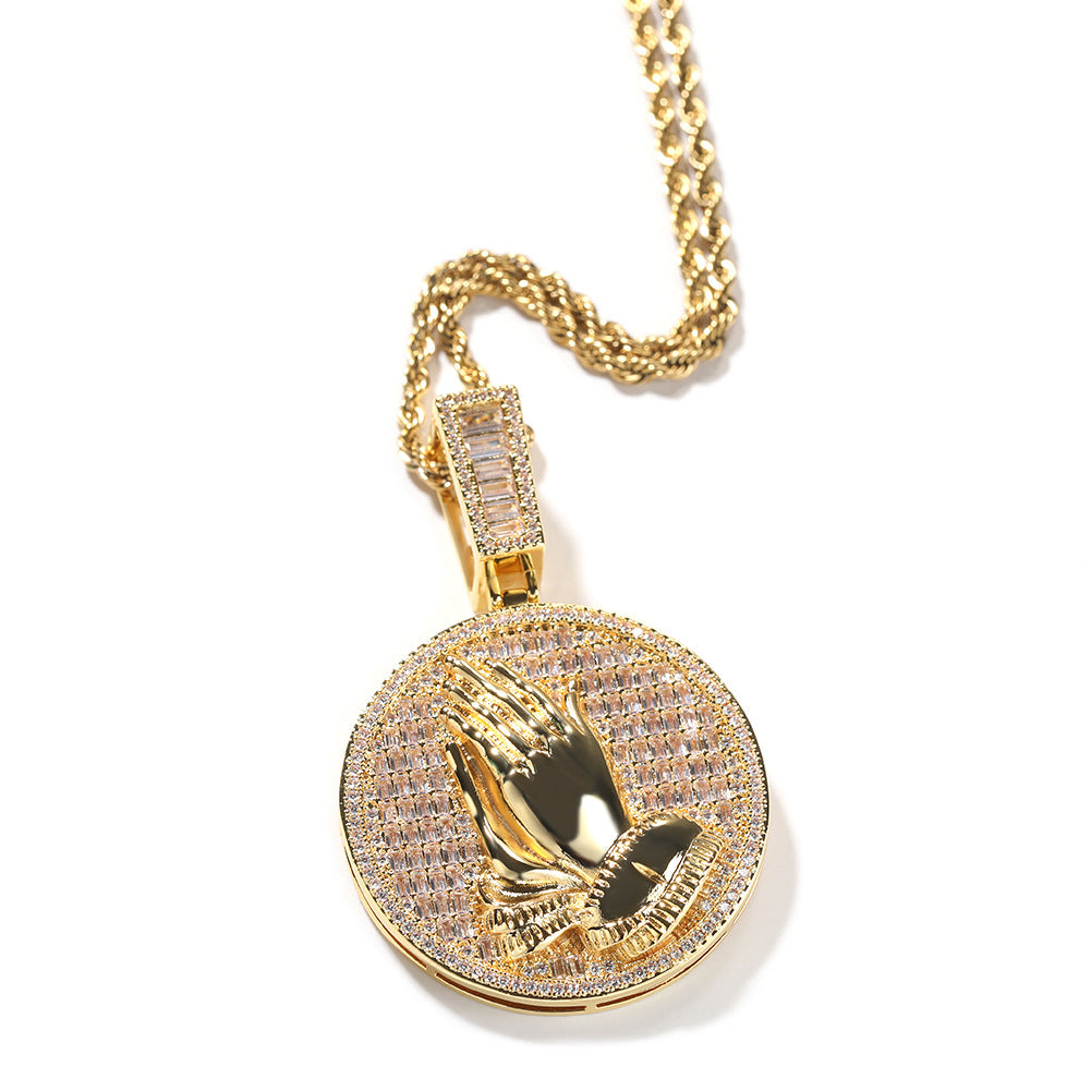 Iced Praying Hands Round Pendant Necklace with Cubic Zirconia Twist Chain for Women and Men
