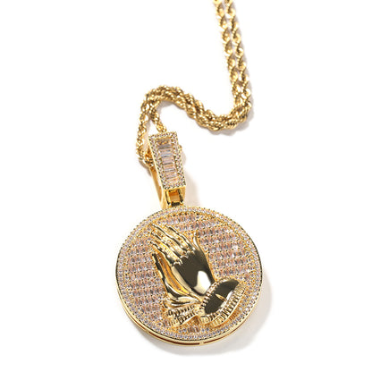 Iced Praying Hands Round Pendant Necklace with Cubic Zirconia Twist Chain for Women and Men