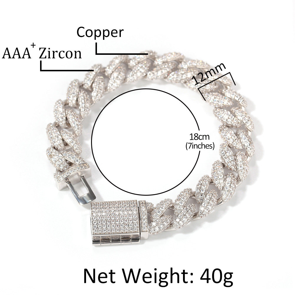 Men’s Iced Out Cuban Link Bracelet with Cubic Zirconia, Gold Plated or Silver Plated Copper Chain Bracelet, 12mm Statement Jewelry product image