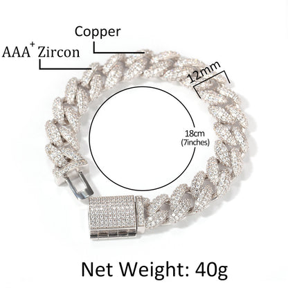 Men’s Iced Out Cuban Link Bracelet with Cubic Zirconia, Gold Plated or Silver Plated Copper Chain Bracelet, 12mm Statement Jewelry