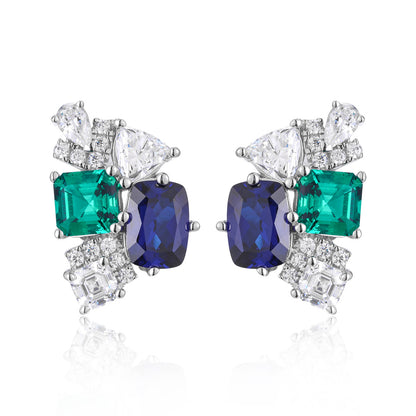 Green and Royal Blue Stone Stud Earrings for Women, S925 Silver, 18K Gold Plated