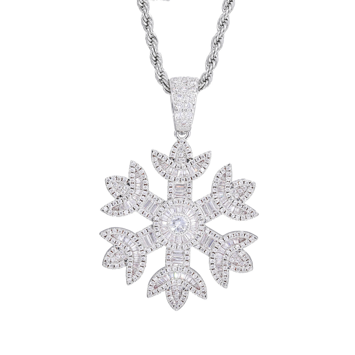 Iced Out Snowflake Pendant Necklace, Rope Chain, Zircon Hip Hop Jewelry product image