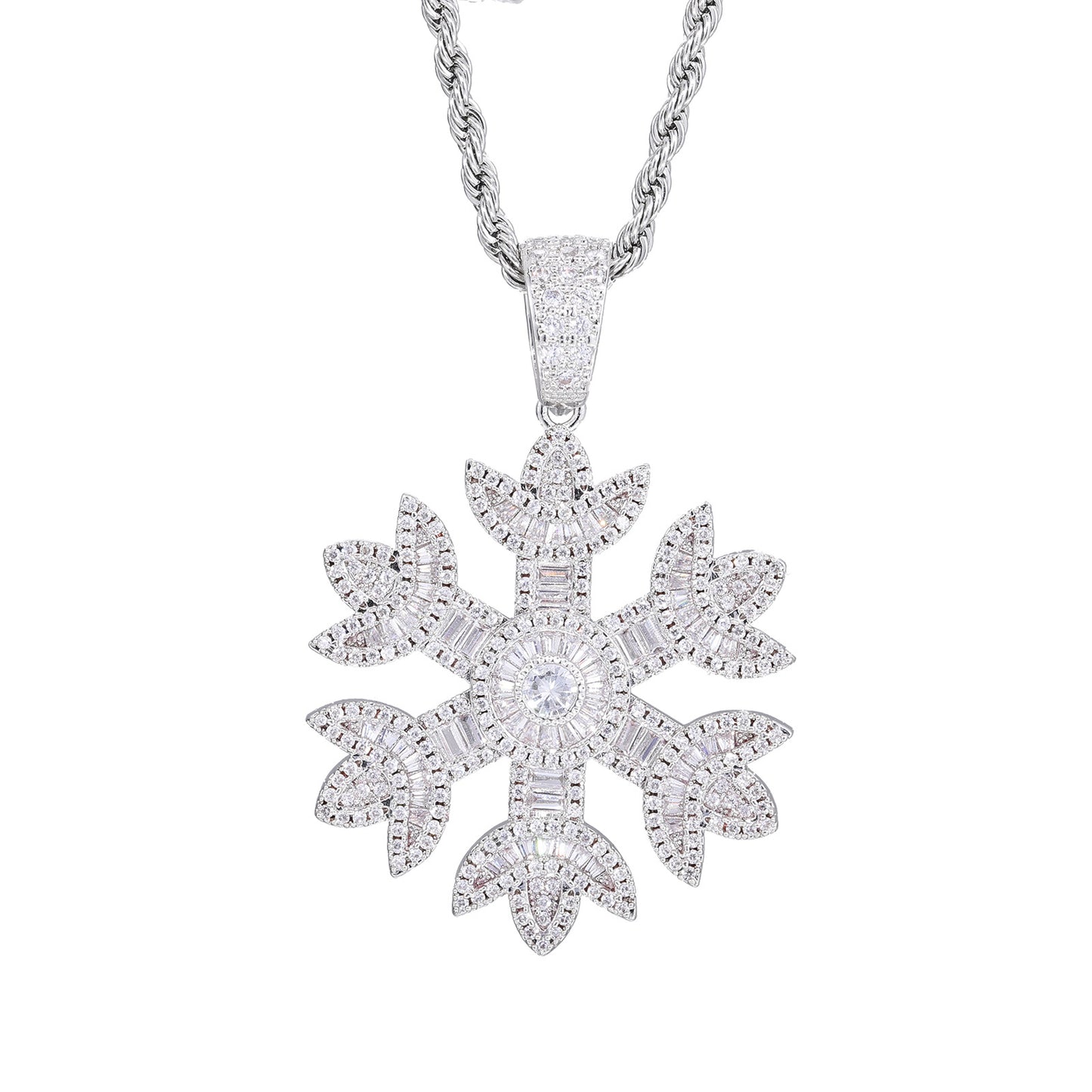 Iced Out Snowflake Pendant Necklace, Rope Chain, Zircon Hip Hop Jewelry product image