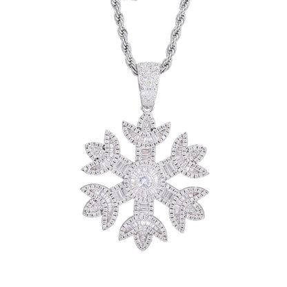Iced Out Snowflake Pendant Necklace, Rope Chain, Zircon Hip Hop Jewelry