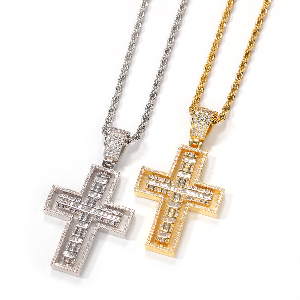 Cubic Zirconia Cross Pendant Necklace for Women with 24 Inch Twisted Chain, Gold Plated or Silver Plated Statement Jewelry