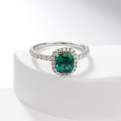 S925 Sterling Silver Lab-Grown Emerald Halo Ring, Cushion Cut