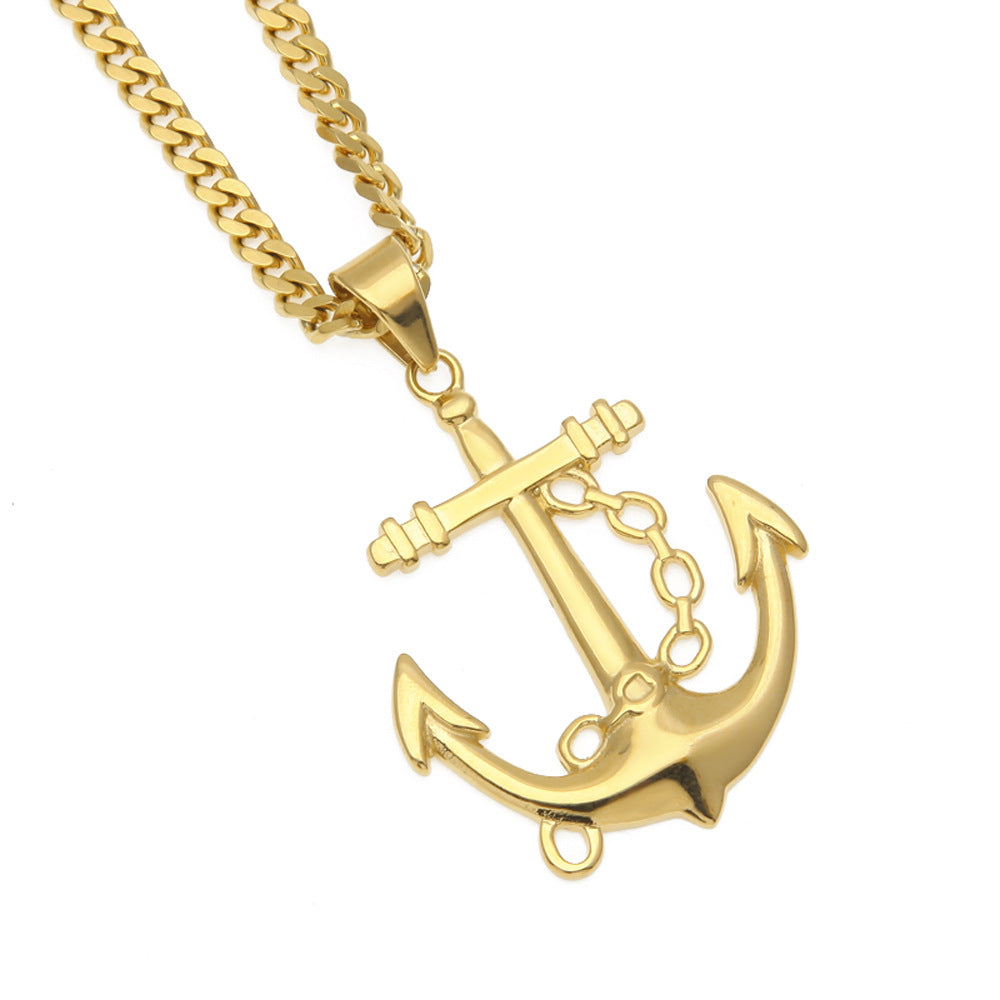 Gold Plated Stainless Steel Anchor Pendant Necklace with 5mm Cuban Chain for Women & Men