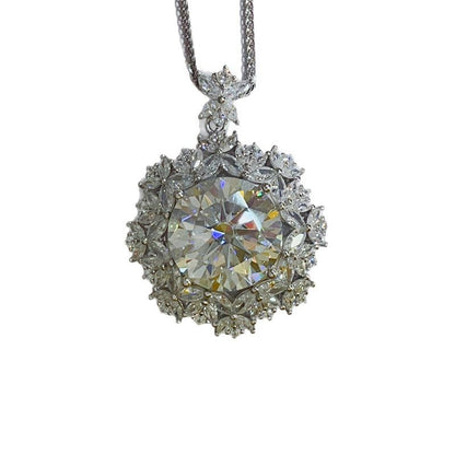 10 Carat Moissanite Pendant Necklace with Halo Cluster Chain