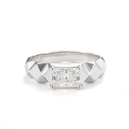 1ct Radiant Cut Moissanite Solitaire Ring, Geometric S925 Silver Band