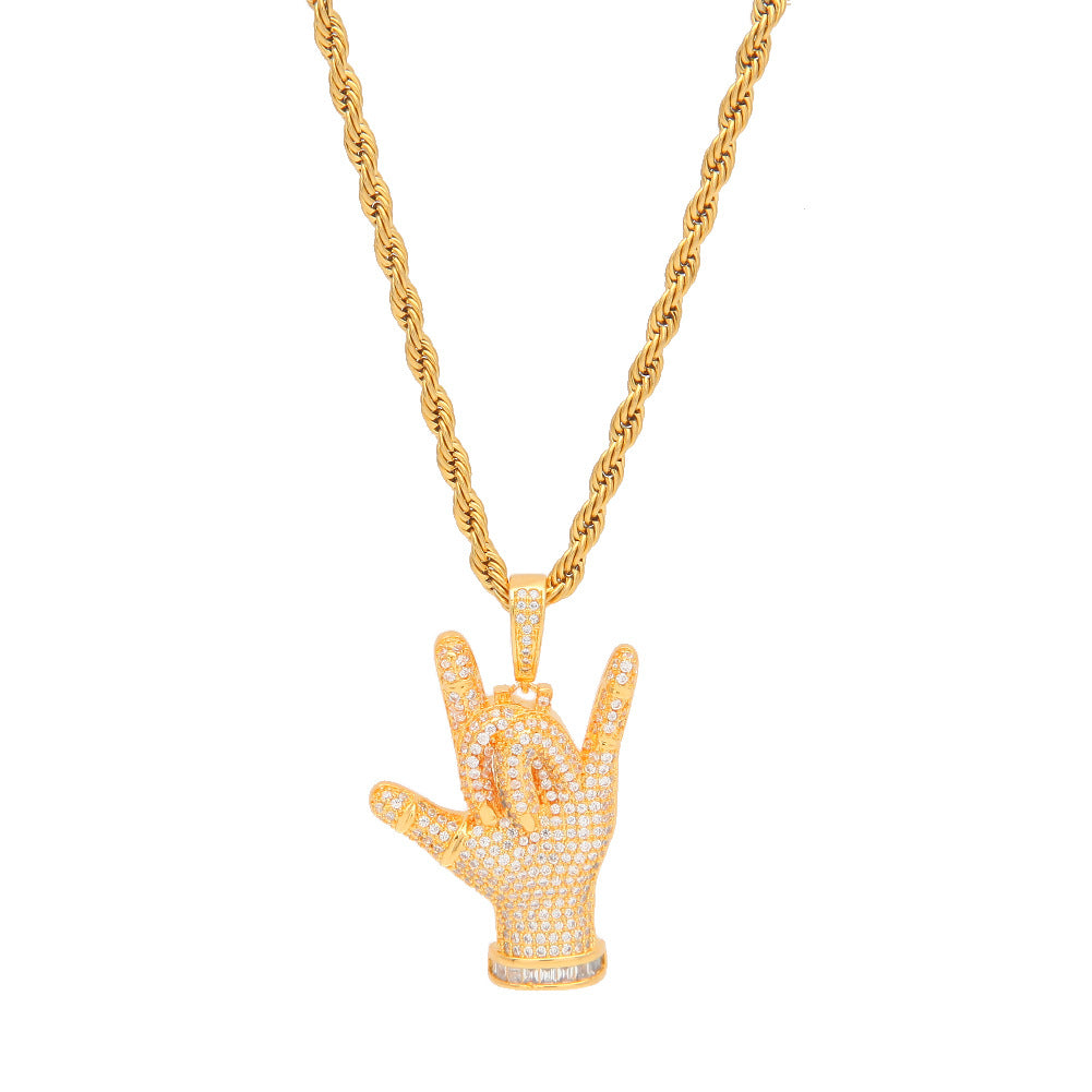 Iced Hand Gesture Pendant Necklace with Cubic Zirconia – Hip Hop Statement Chain for Women & Men