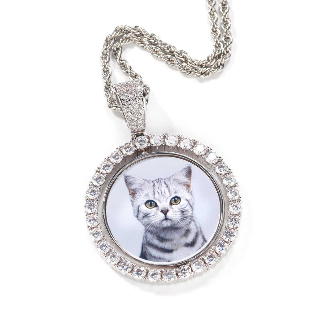 Custom Rotating Photo Pendant Necklace with Cubic Zirconia Circle Frame & 24 Inch Twist Chain product image