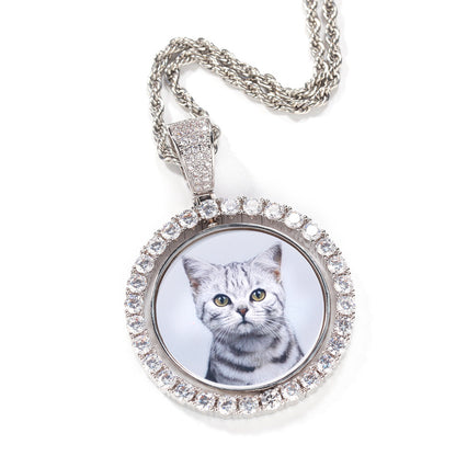 Custom Rotating Photo Pendant Necklace with Cubic Zirconia Circle Frame & 24 Inch Twist Chain
