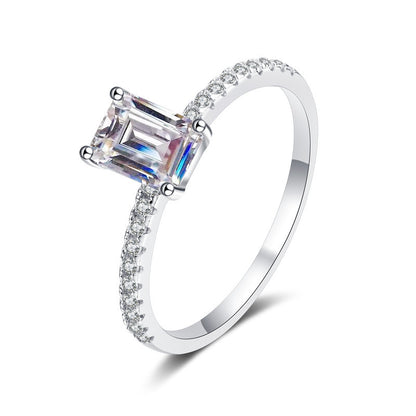 1 Carat Emerald-Cut Moissanite Rings, S925 Silver Pavé Band