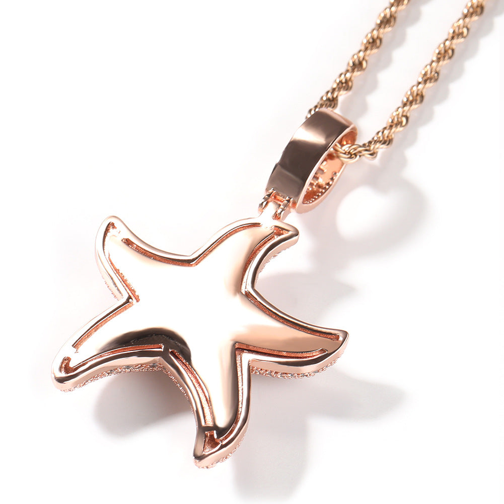 Iced Starfish Pendant Necklace with Twist Chain for Women & Men - Gold, Silver, Rose Gold Hip Hop Statement Jewelry