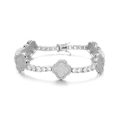 Clover Cubic Zirconia Tennis Chain Bracelet & Necklace Set, Hip Hop Pendant Jewelry