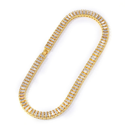 Gold Plated Baguette Crystal Chain Necklace Bracelet Set for Women and Men