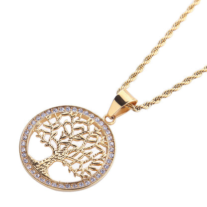 Gold Plated Stainless Steel Tree of Life Pendant Necklace with Crystal Accents Unisex Statement Chain