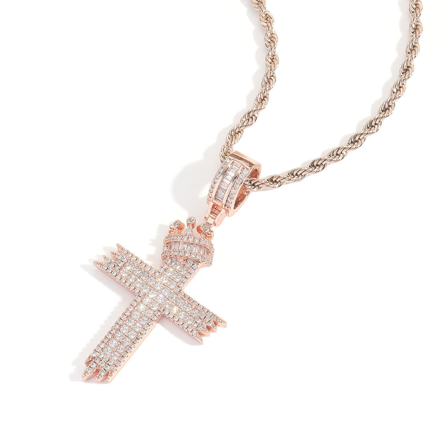 Hip Hop Vintage Cross Crown Copper Pendant Necklace for Men and Women
