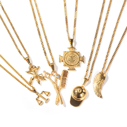 Gold Plated Barber Scissors & Comb Pendant Necklace with 24 Inch Cuban Chain