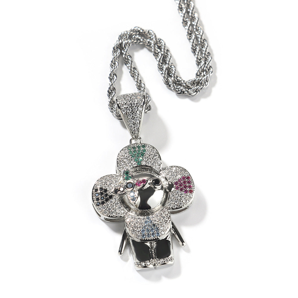 Hip Hop Flower Character Pendant Necklace with Cubic Zirconia Rope Chain for Women