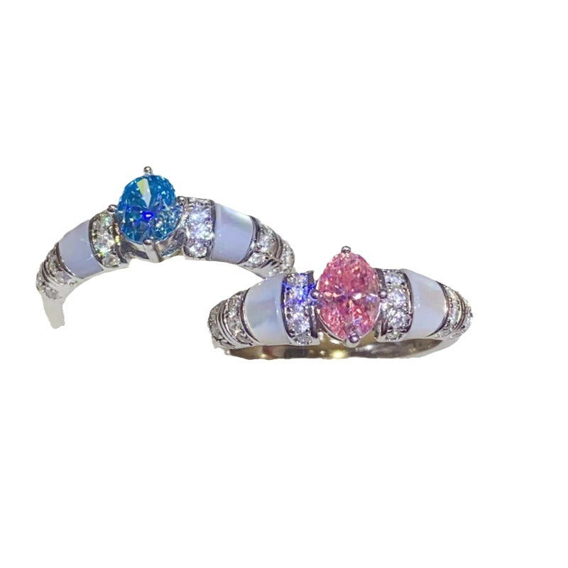 Oval Moissanite Ring for Women with Mother-of-Pearl Inlay, Pink or Blue 1 Carat Look, Pavé Accent Band product image