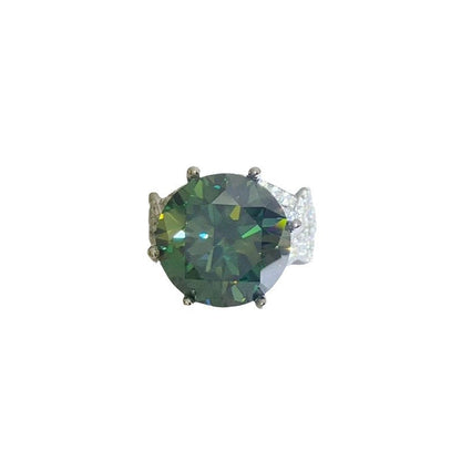 10 Carat Green Moissanite Ring for Women, Round Cut Engagement Ring with Side Accents