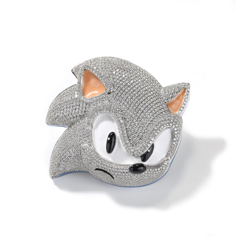 Iced Cartoon Hedgehog Pendant Necklace for Women - Silver Tone Hip Hop Statement Chain with Cubic Zirconia