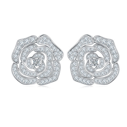 S925 Sterling Silver Camellia Flower Moissanite Stud Earrings for Women