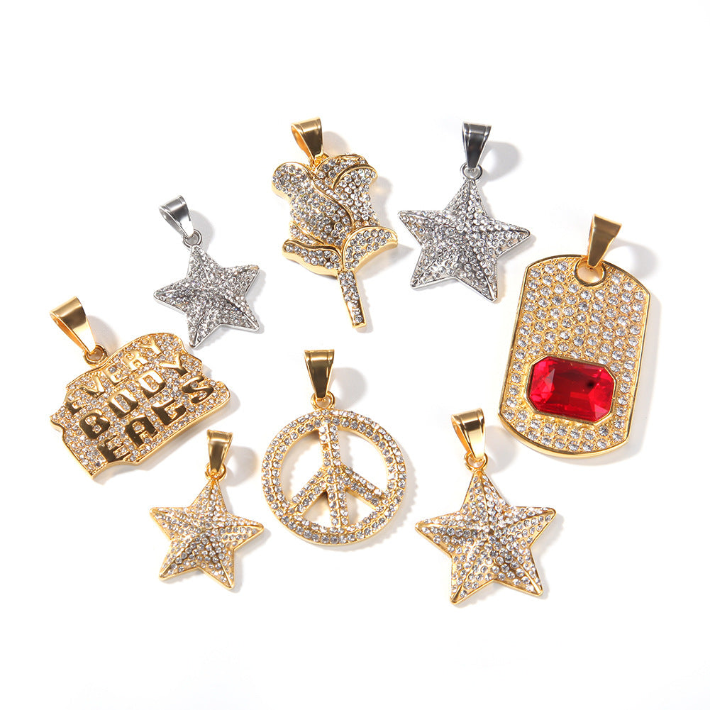 Iced Peace Sign Pendant Necklace for Women in Gold Tone Stainless Steel with Cubic Zirconia Round Hip Hop Chain