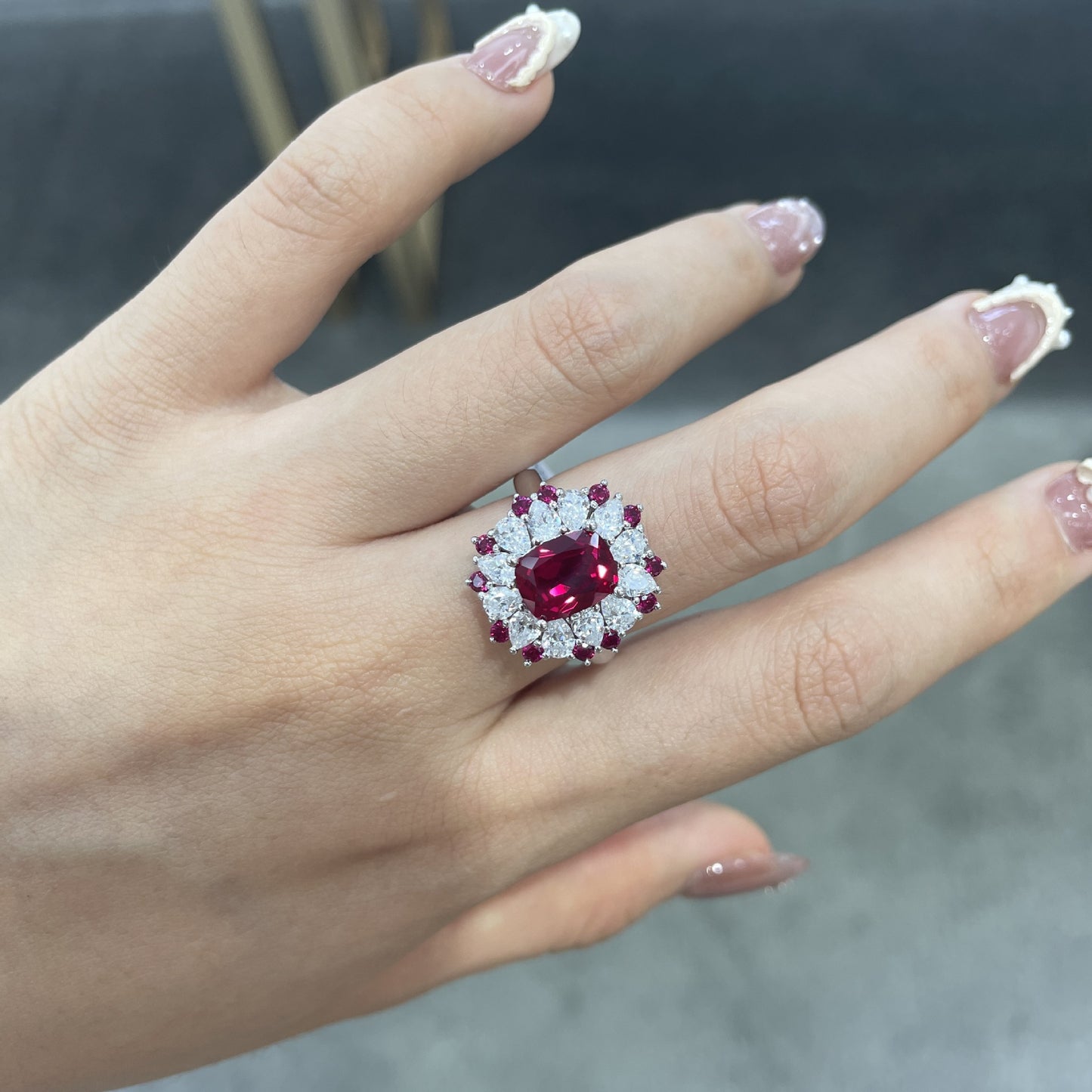 S925 Sterling Silver Red Cushion-Cut Halo Cocktail Ring for Women product image