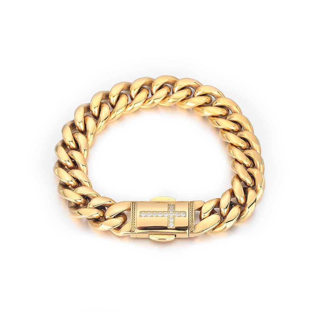 12 mm Polished Cuban with Cross CZ Clasp Stainless steel Bracelet - CHA192 product image