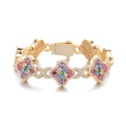 Multicolor Clover Crystal Bracelet for Women, Pave Floral Link Bracelet