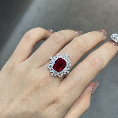 Cultivated Red Ruby Jewelry Set, S925 Silver Earrings and Pendant, Cushion-Cut Floral Design