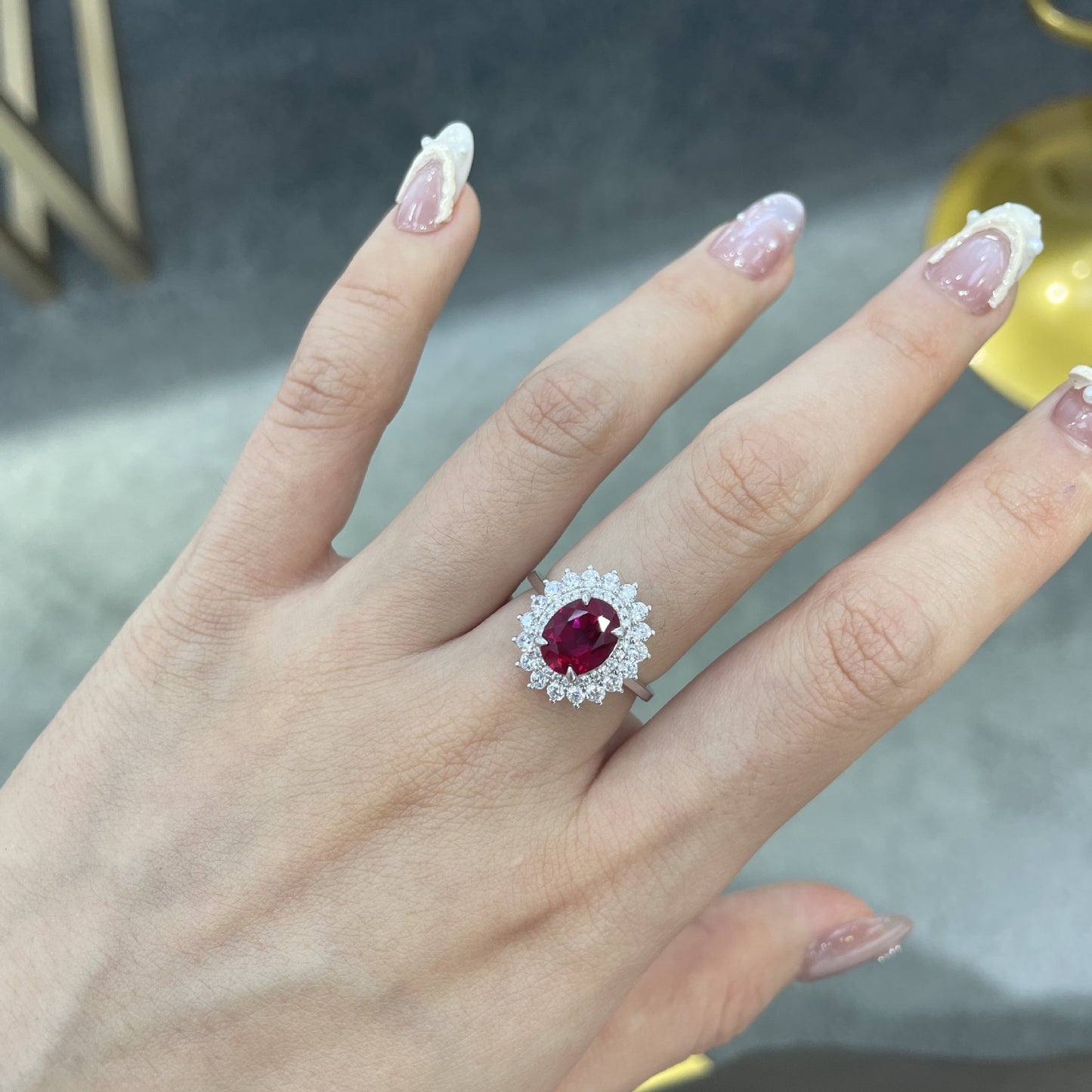 925 Silver Oval Red Halo Ring for Women, Promise Ring, Engagement Style product image