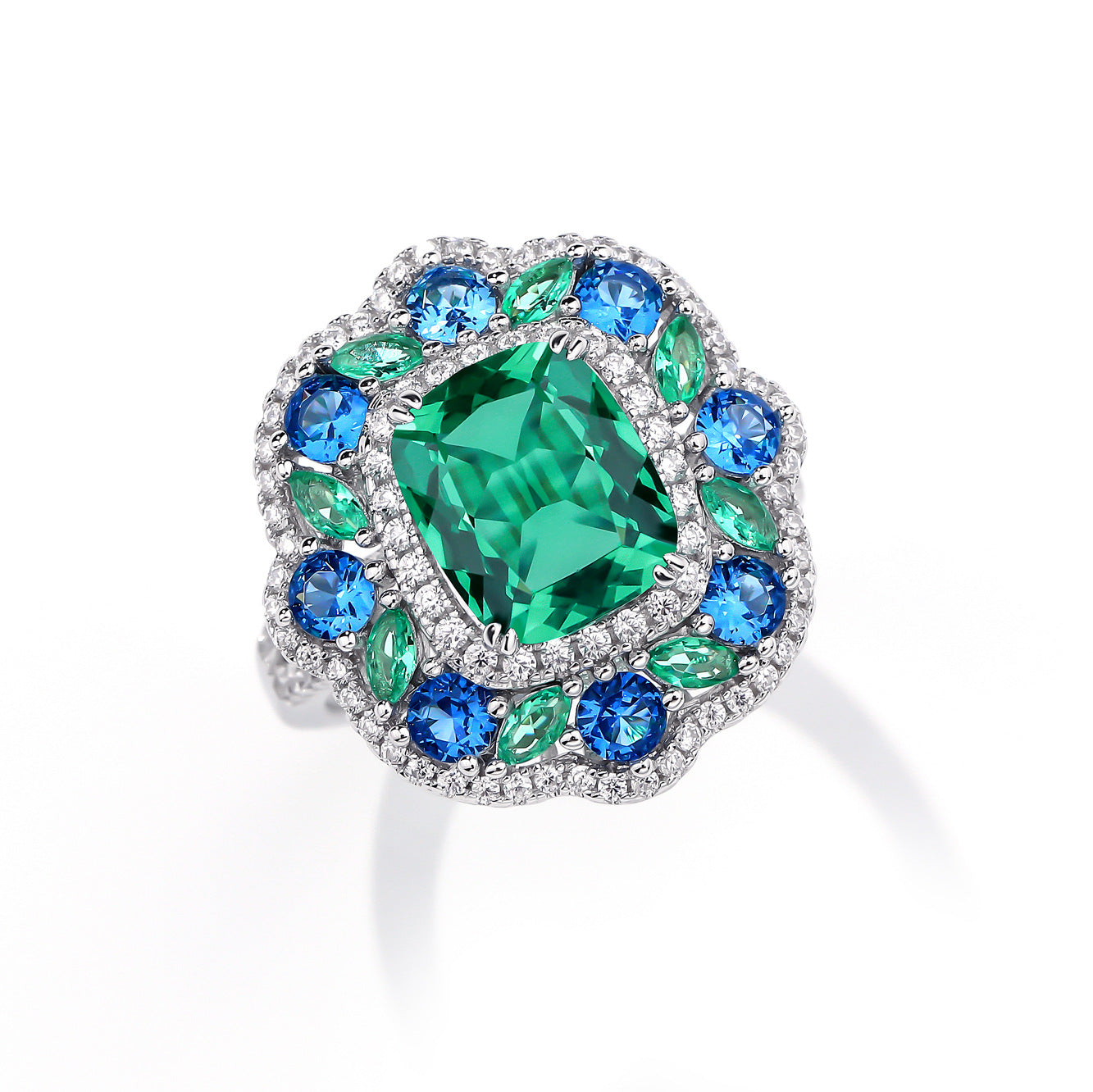 5 Carat Moissanite Halo Ring, Green Center Stone, Blue Accent Ring, S925 Sterling Silver product image