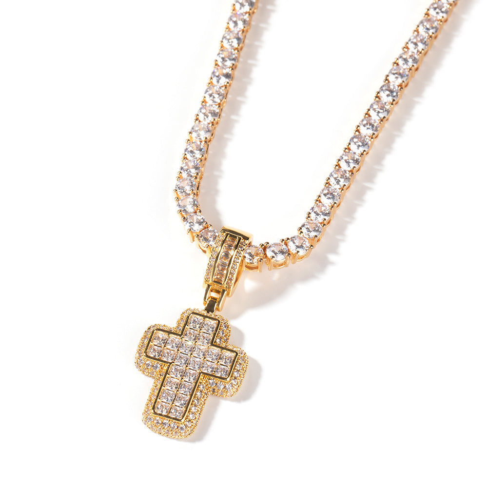 Unisex Cross Pendant Necklace with Cubic Zirconia Rope Chain - Gold Plated or Silver Plated Statement Jewelry