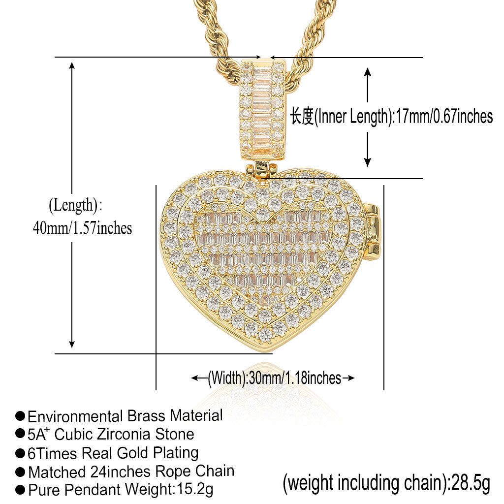 Square Round Photo Frame Cubic Zirconia Pendant Necklace for Men and Women