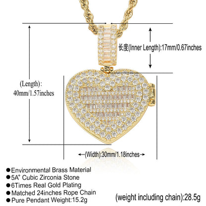 Square Round Photo Frame Cubic Zirconia Pendant Necklace for Men and Women