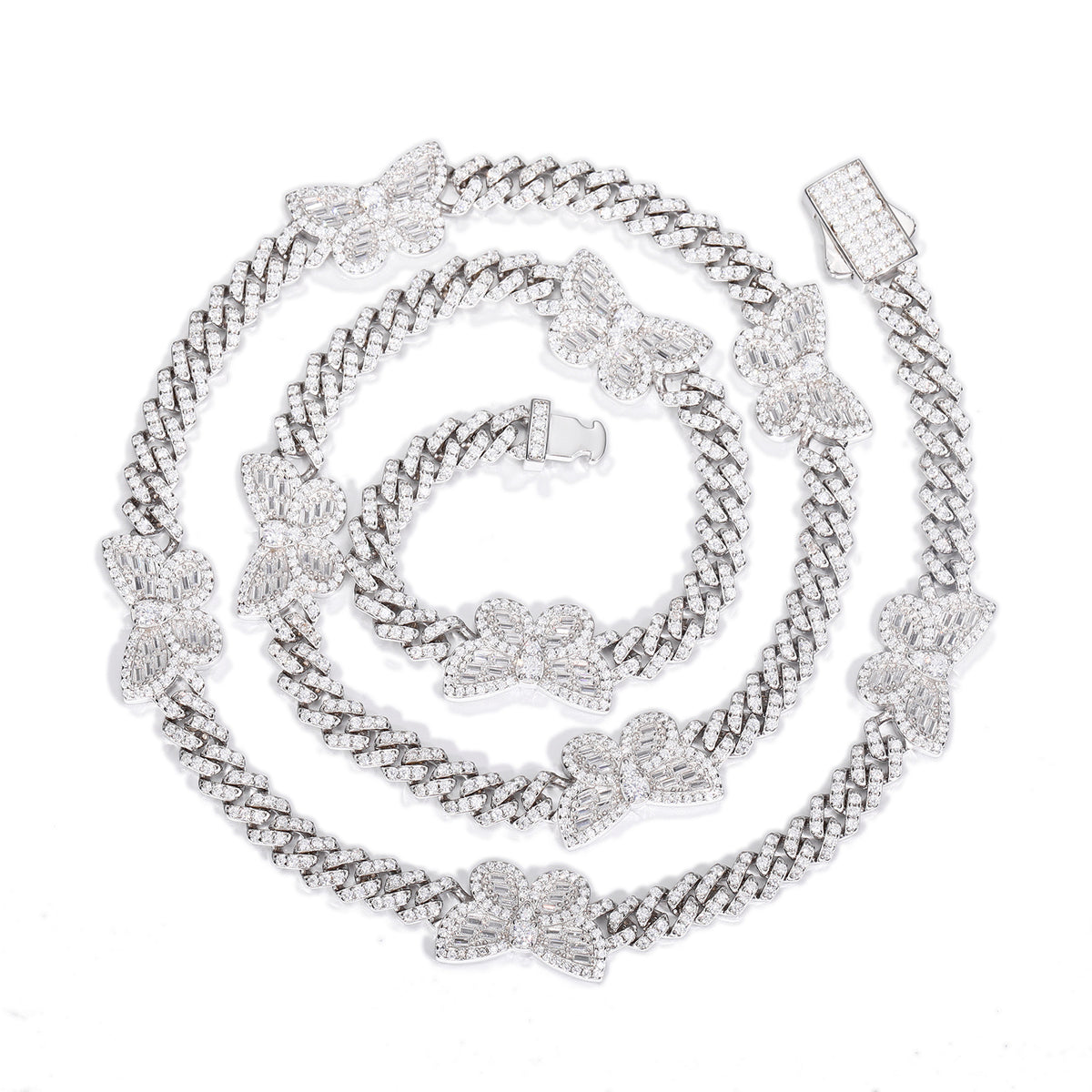 Iced Out Butterfly Cuban Link Chain Bracelet in White Silver Tone with Cubic Zirconia product image
