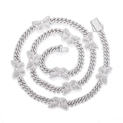 Iced Out Butterfly Cuban Link Chain Bracelet in White Silver Tone with Cubic Zirconia